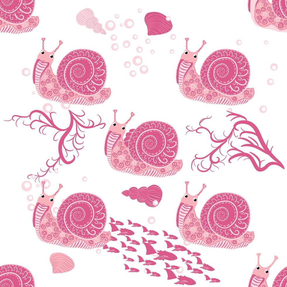 rosa caracol, patrones sin fisuras de los habitantes del mar, hermoso personaje entre conchas marinas, algas marinas, estrellas de mar vector