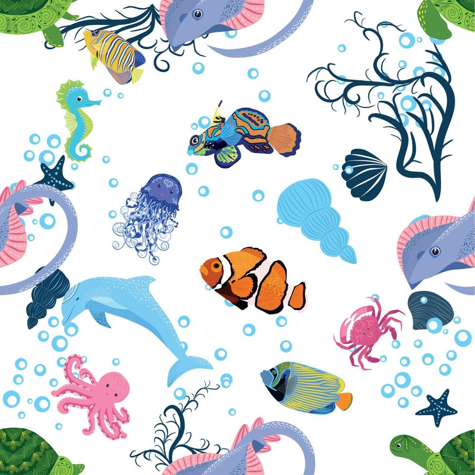 Marine life, fish, animals bright seamless pattern. sea travel, underwater diving animal tropical fish. Jellyfish, whale, shark, seahorse, clown fish, dolphin, turtle, emperor vector