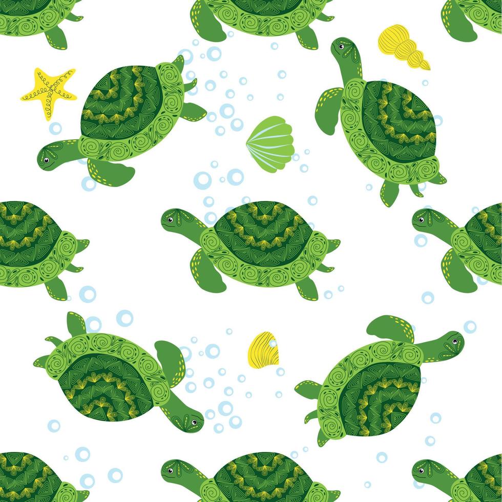 patrón sin costuras de tortuga verde, hermoso personaje entre conchas marinas, algas, estrellas de mar, animales marinos vida silvestre naturaleza. naturaleza bajo el agua, peces salvajes marinos en el zoológico oceánico. vector