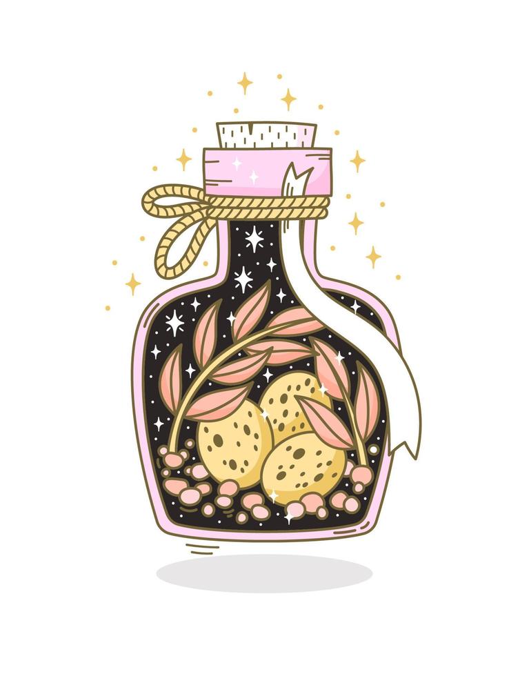 Hand draHand drawn bottle with magic potion in fantasy style on white background. Doodle vector illustration of vial with scary occult objects like branches, eggs.wn bottle with magic potion
