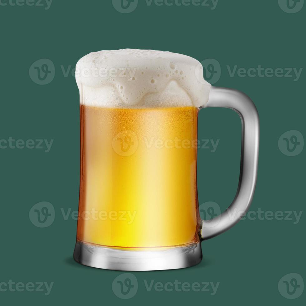 Glasses of Light Beer with bubble froth on top in green background photo