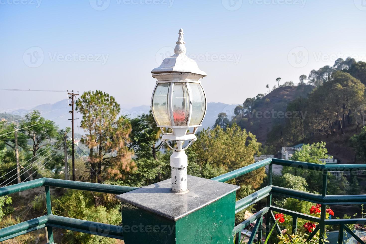 Early morning view of Modern rooftop restaurant at Kasauli, Himachal Pradesh in India, View of mountain hills from open air restaurant in Kasauli, Kasauli Rooftop restaurant photo