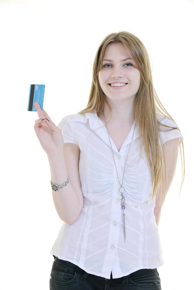 young woman hold credit card photo