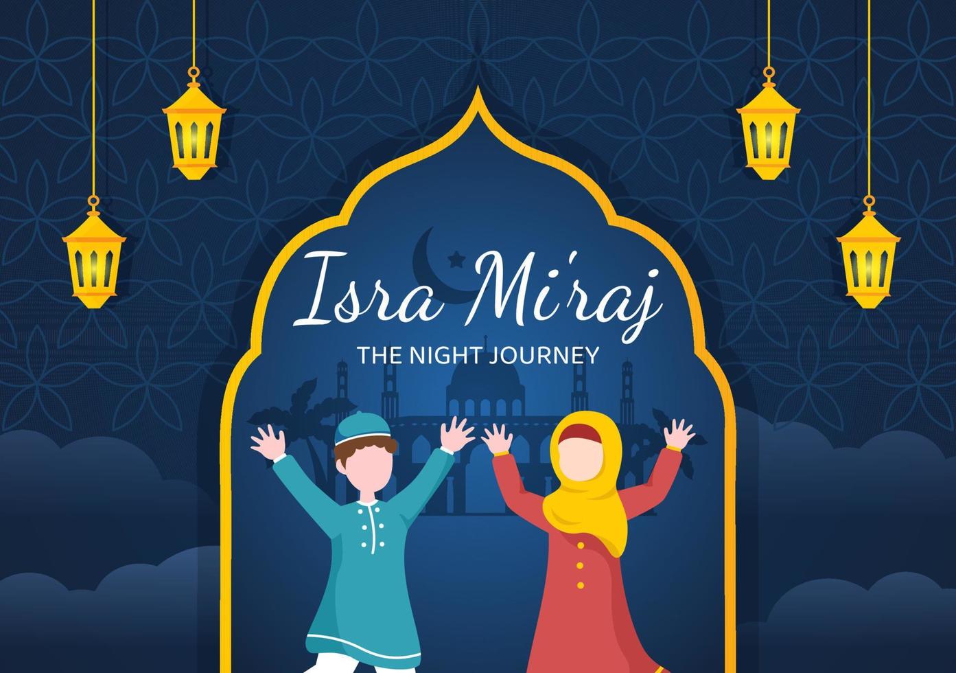 Happy Isra Miraj Nabi Muhammad SAW Template Hand Drawn Cartoon Flat Illustration Suitable for Greeting Card, Poster and Banner vector