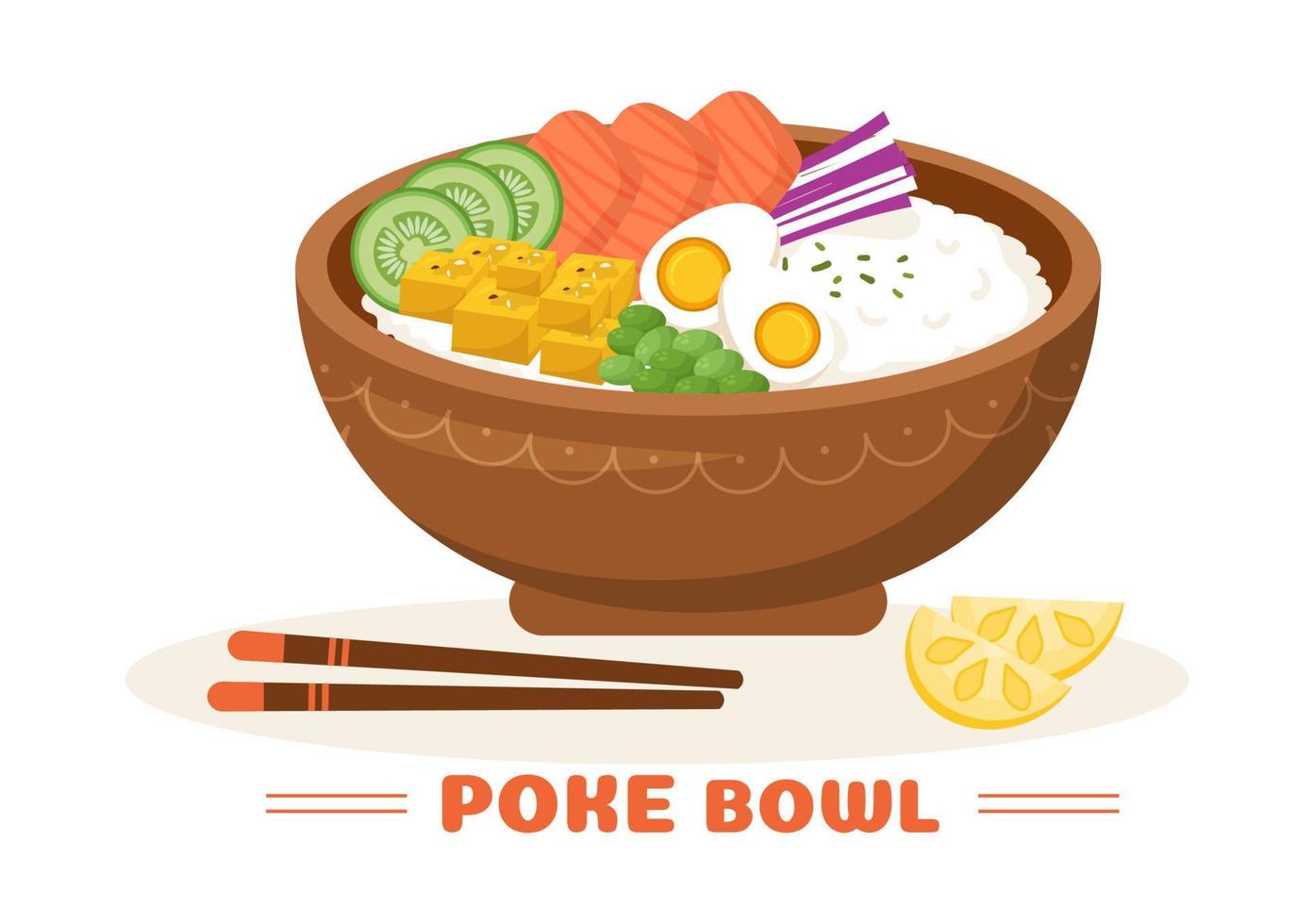 plato hawaiano poke bowl comida plantilla dibujado a mano dibujos animados ilustración plana con diseño de arroz, atún, pescado fresco, huevo y verduras vector