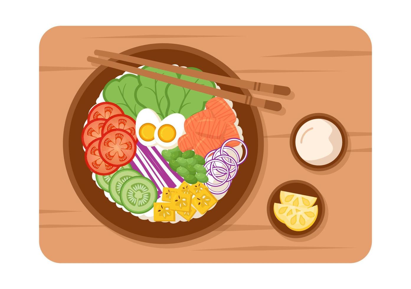 Hawaiian Dish Poke Bowl Food Template Hand Drawn Cartoon Flat Illustration with Rice, Tuna, Fresh Fish, Egg and Vegetables Design vector