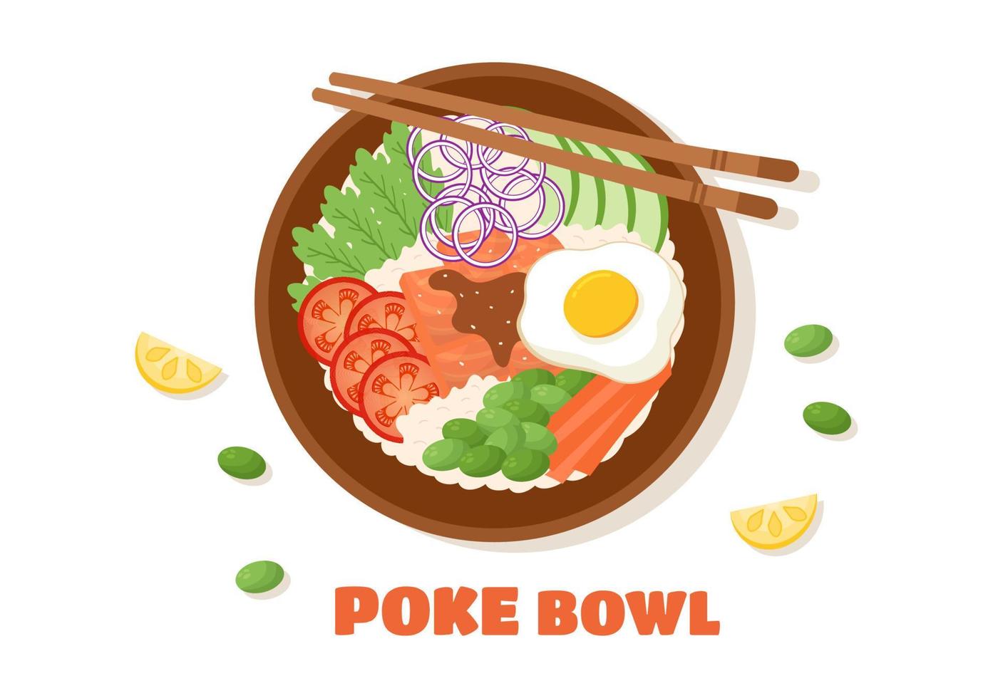 Hawaiian Dish Poke Bowl Food Template Hand Drawn Cartoon Flat Illustration with Rice, Tuna, Fresh Fish, Egg and Vegetables Design vector