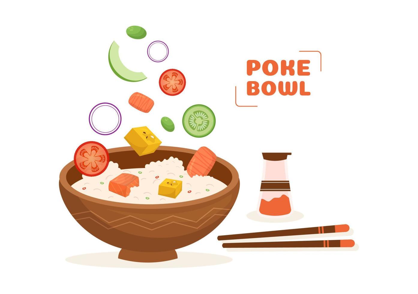 plato hawaiano poke bowl comida plantilla dibujado a mano dibujos animados ilustración plana con diseño de arroz, atún, pescado fresco, huevo y verduras vector