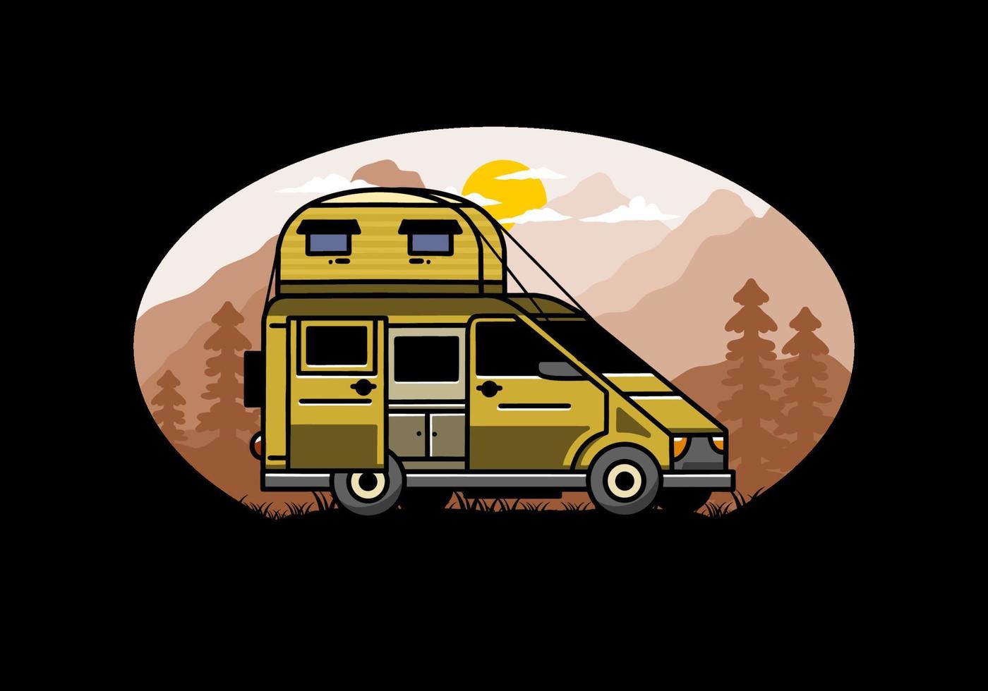 Big van with roof box tent illustration badge vector