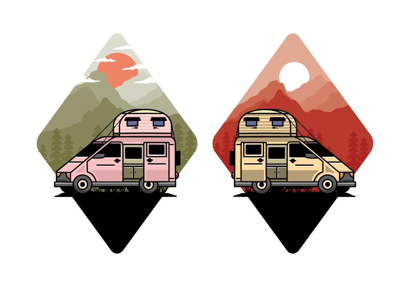 Big van with roof box tent illustration badge vector