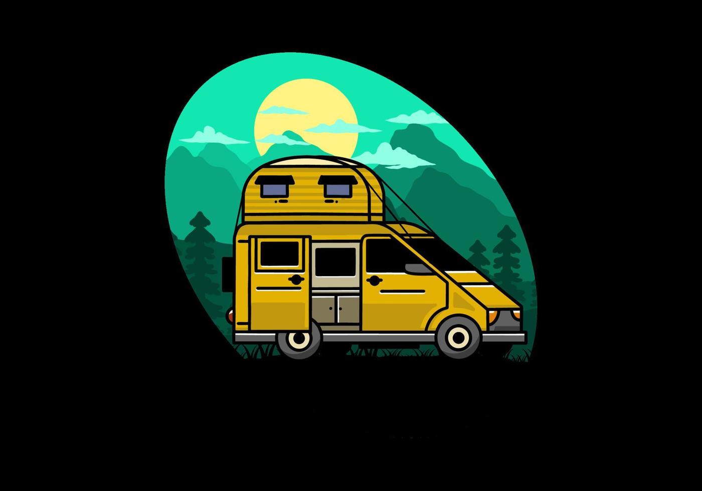 Big van with roof box tent illustration badge vector