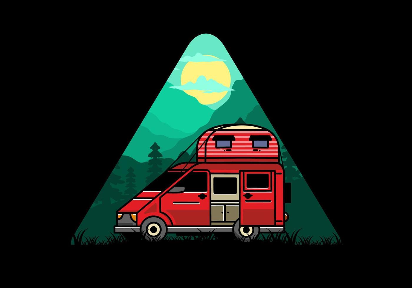 Big van with roof box tent illustration badge vector