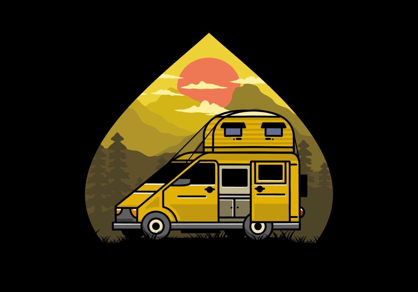 Big van with roof box tent illustration badge vector