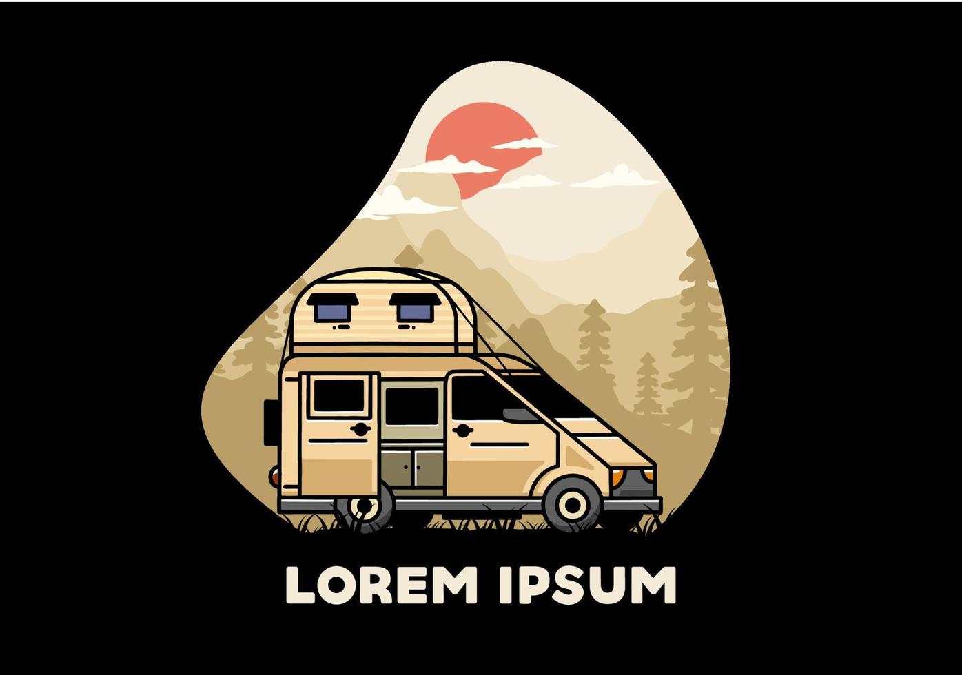 Big van with roof box tent illustration badge vector