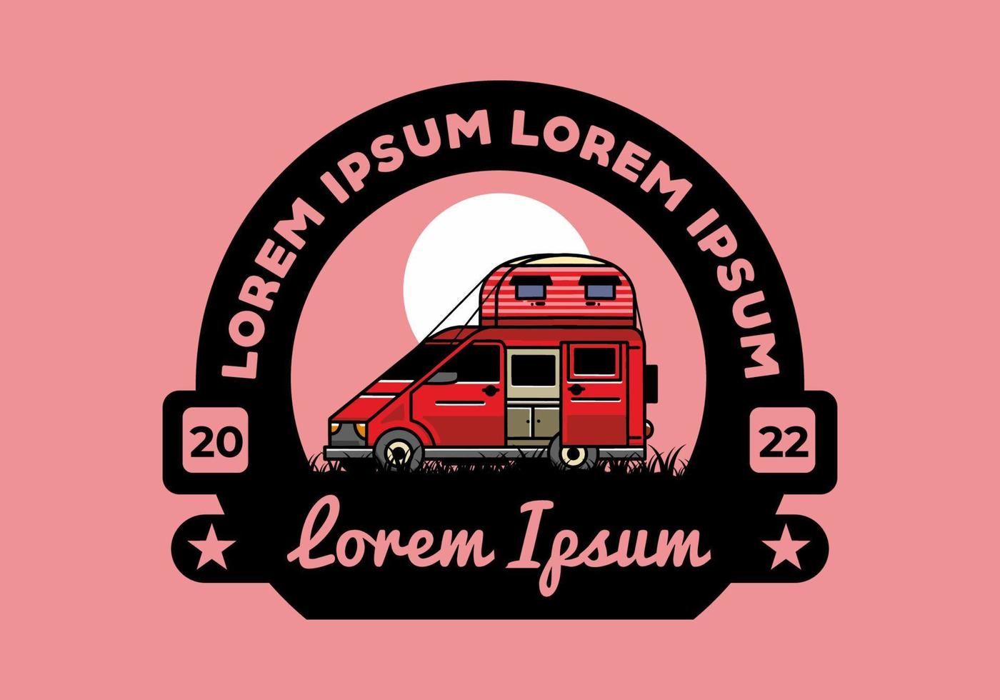 Big van with roof box tent illustration badge vector