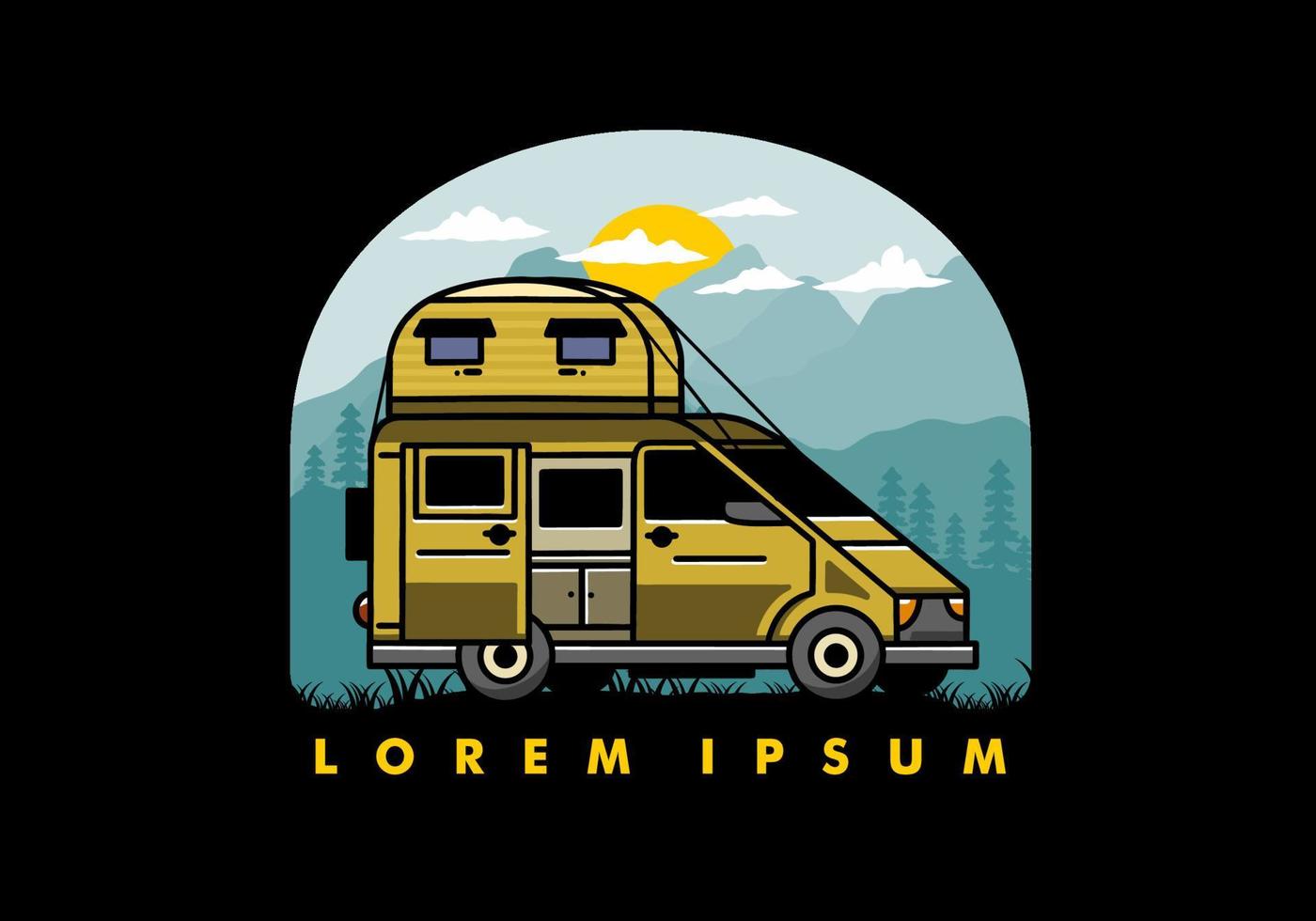 Big van with roof box tent illustration badge vector