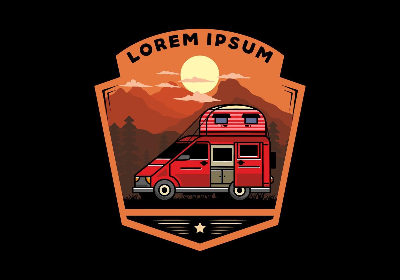 Big van with roof box tent illustration badge vector
