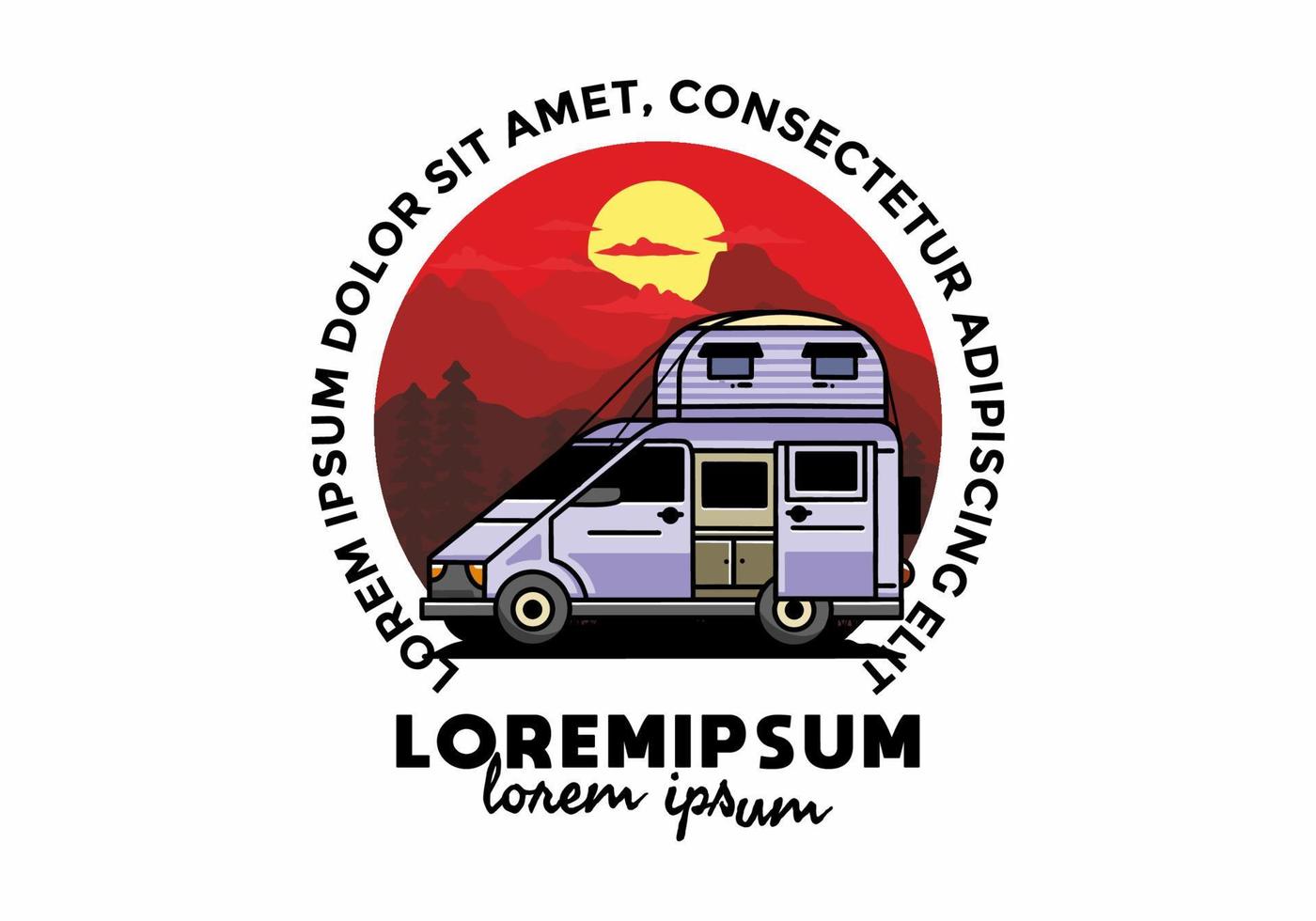 Big van with roof box tent illustration badge vector