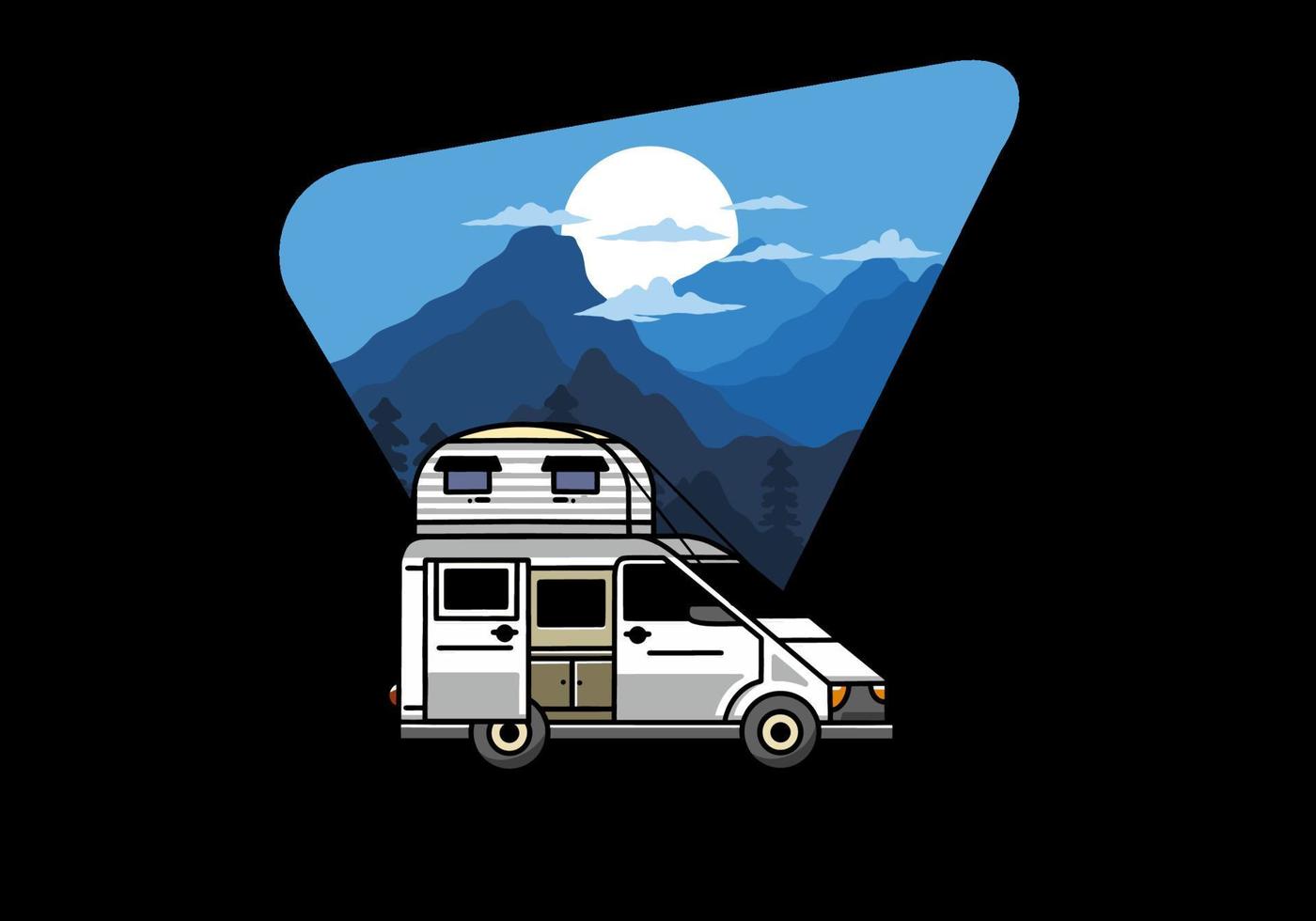 Big van with roof box tent illustration badge vector