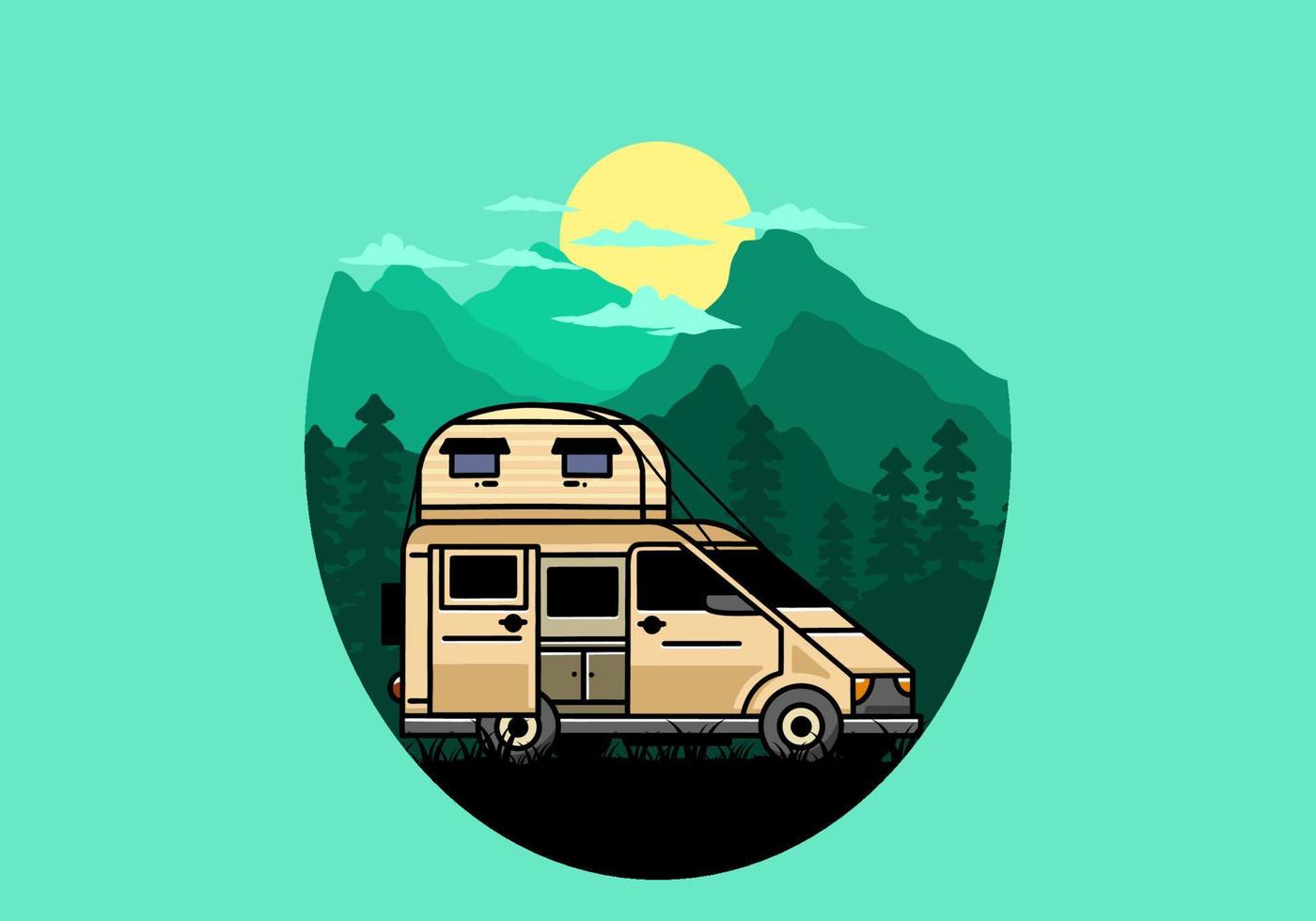 Big van with roof box tent illustration badge vector