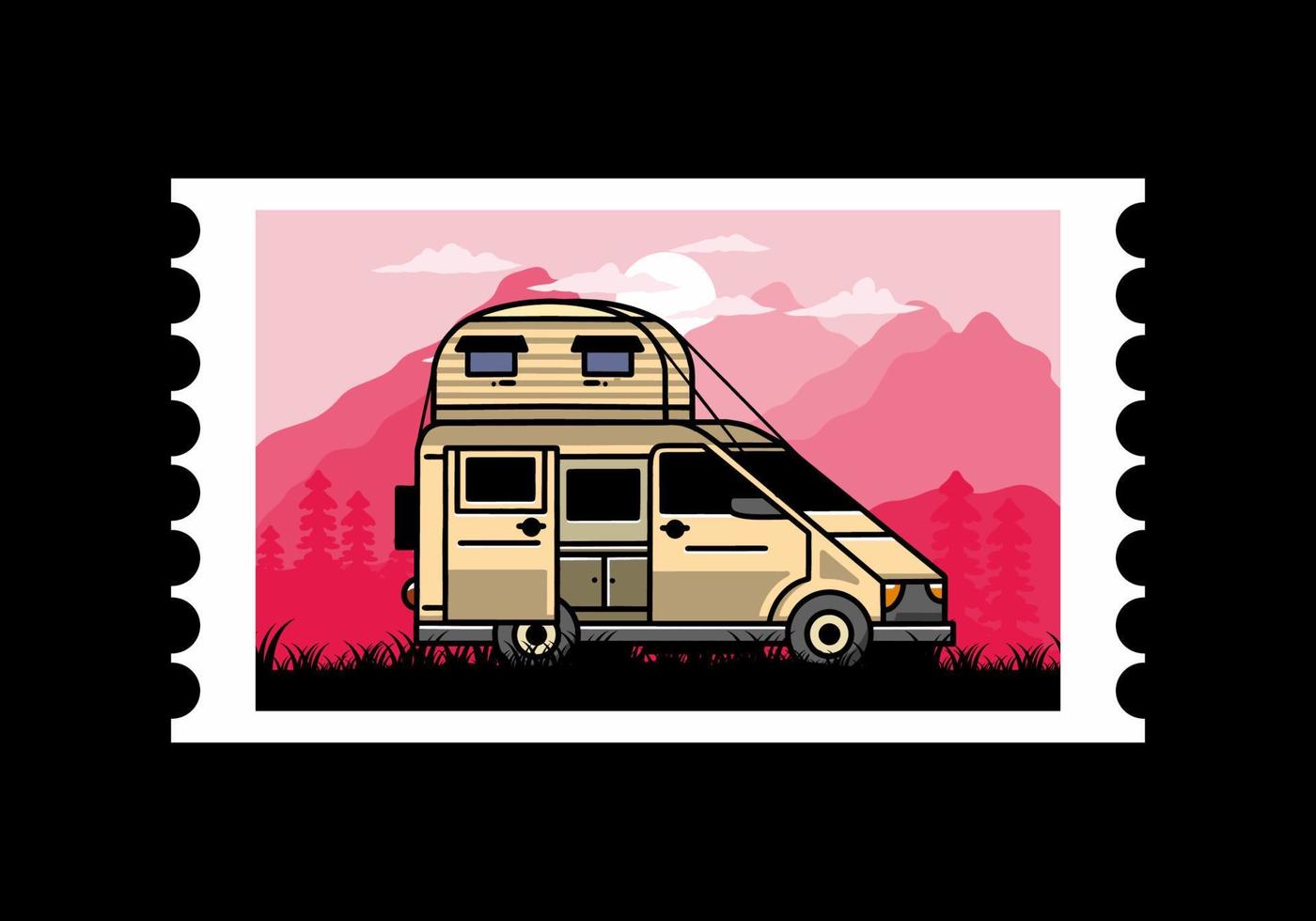 Big van with roof box tent illustration badge vector