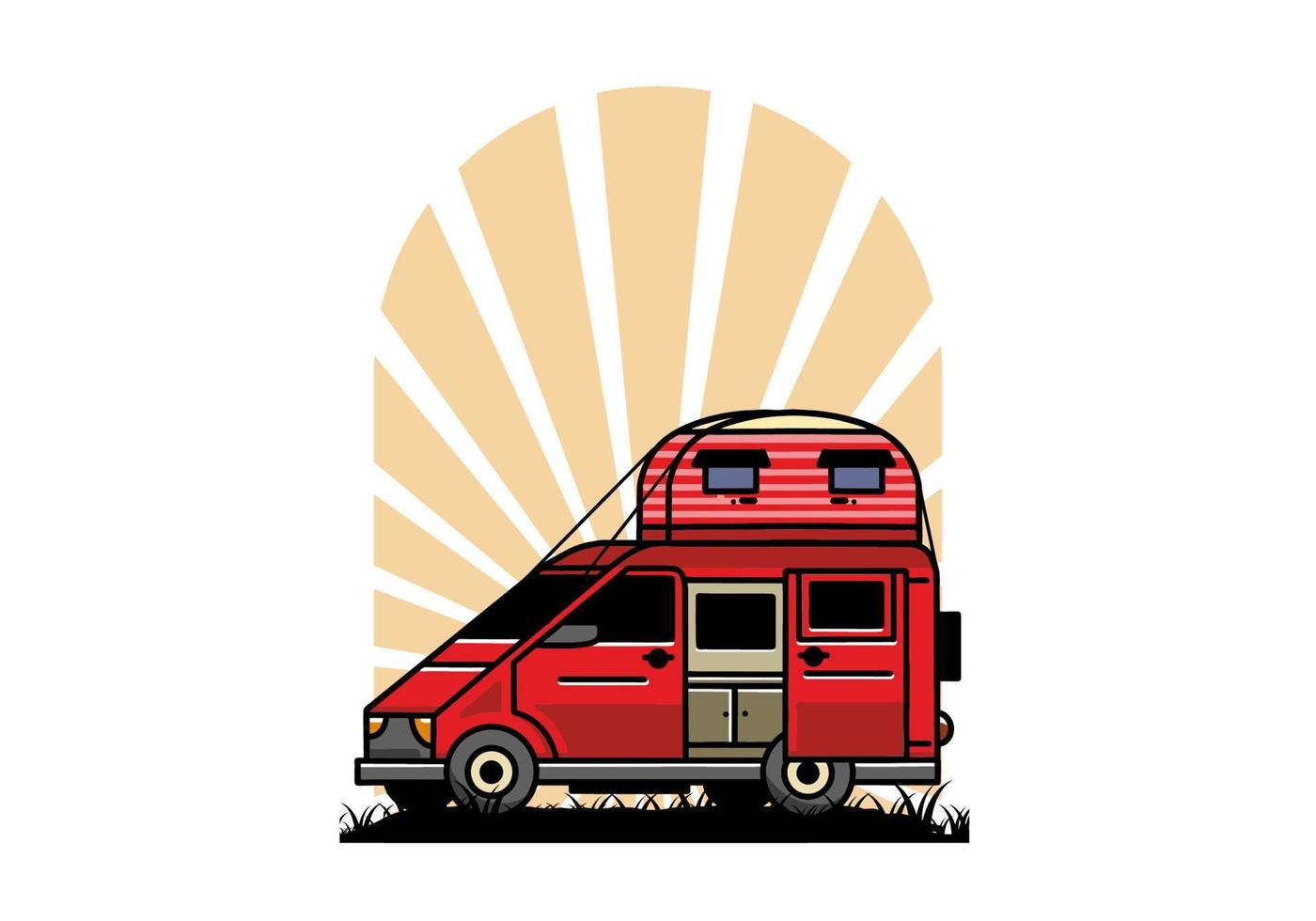 Big van with roof box tent illustration badge vector