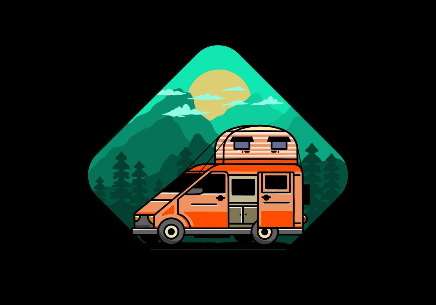 Big van with roof box tent illustration badge vector