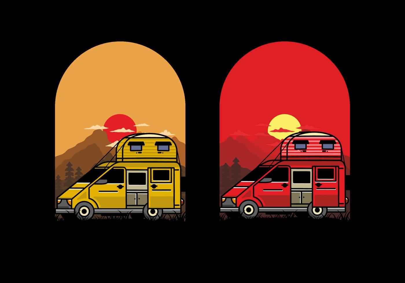 Big van with roof box tent illustration badge vector