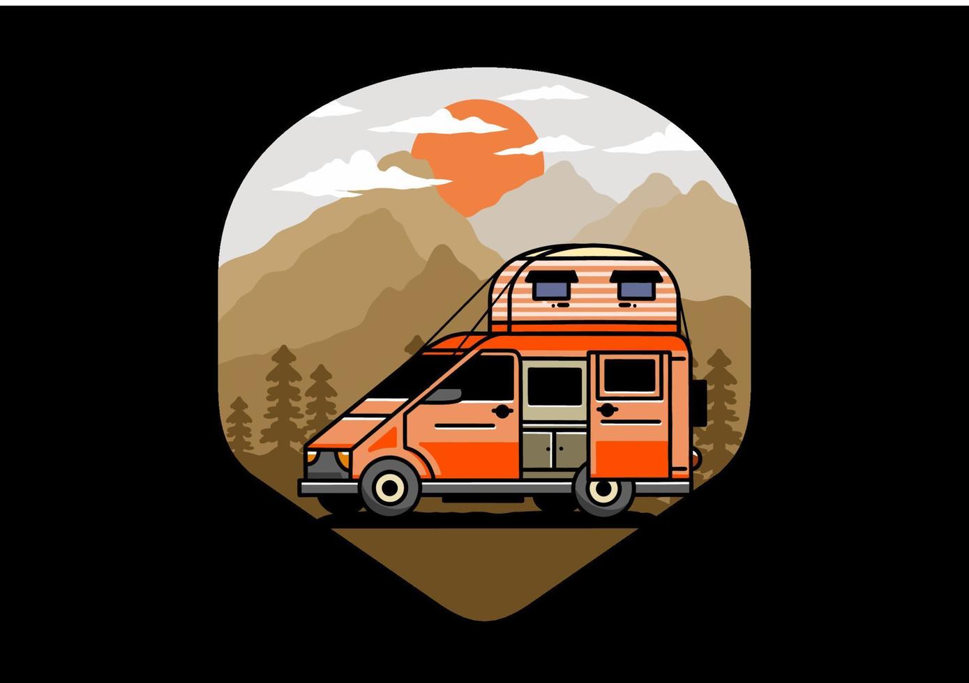 Big van with roof box tent illustration badge vector
