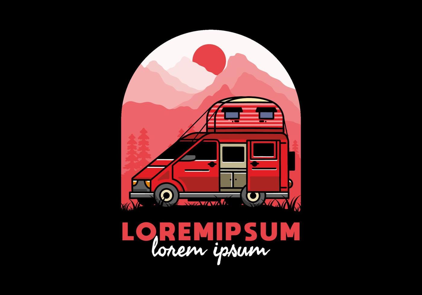 Big van with roof box tent illustration badge vector