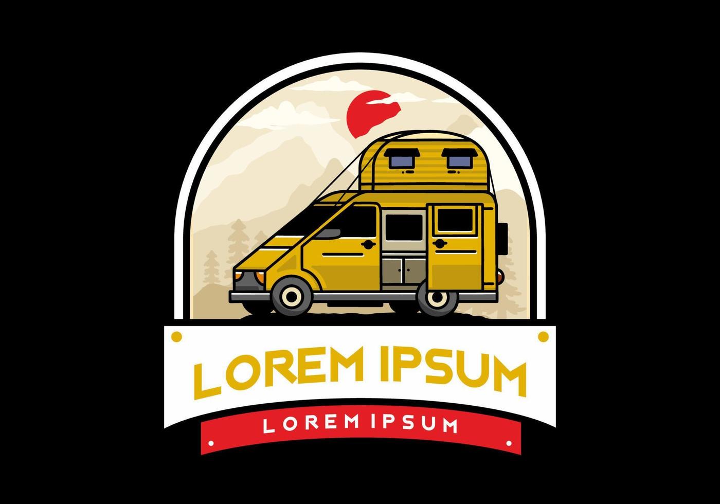 Big van with roof box tent illustration badge vector