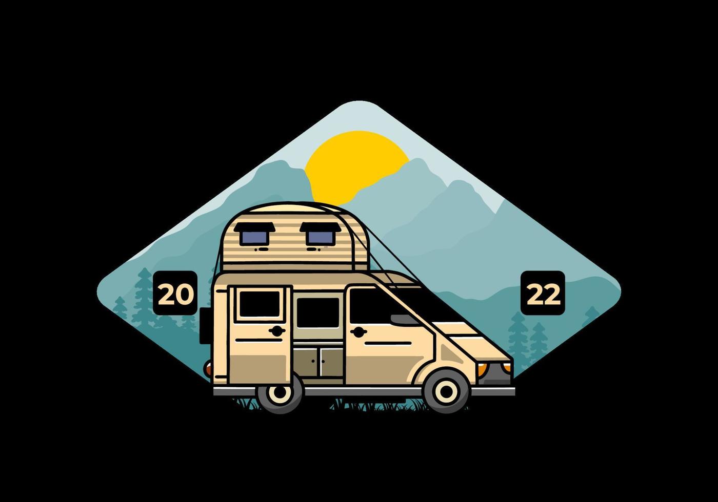 Big van with roof box tent illustration badge vector