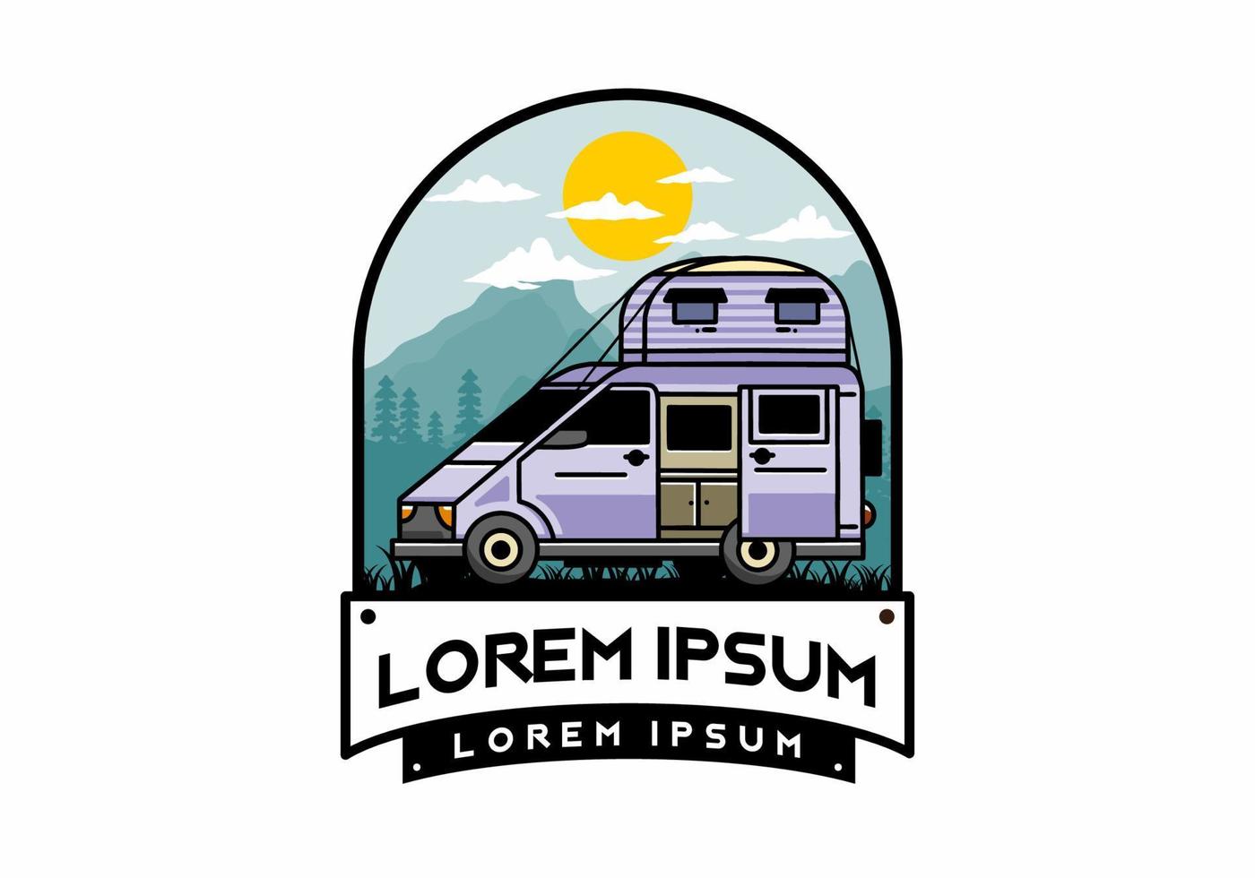 Big van with roof box tent illustration badge vector