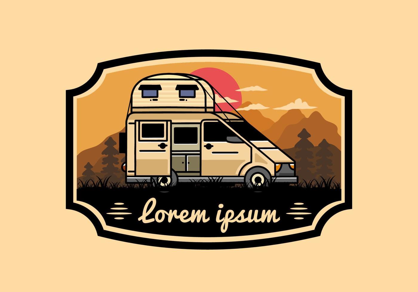 Big van with roof box tent illustration badge vector