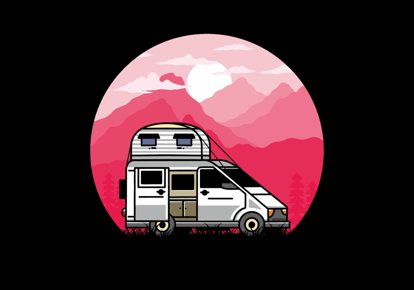 Big van with roof box tent illustration badge vector