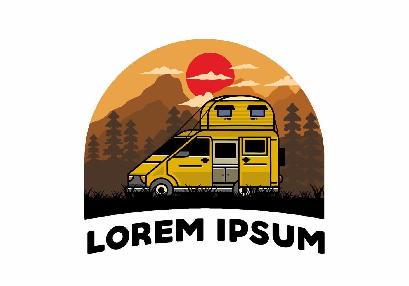 Big van with roof box tent illustration badge vector