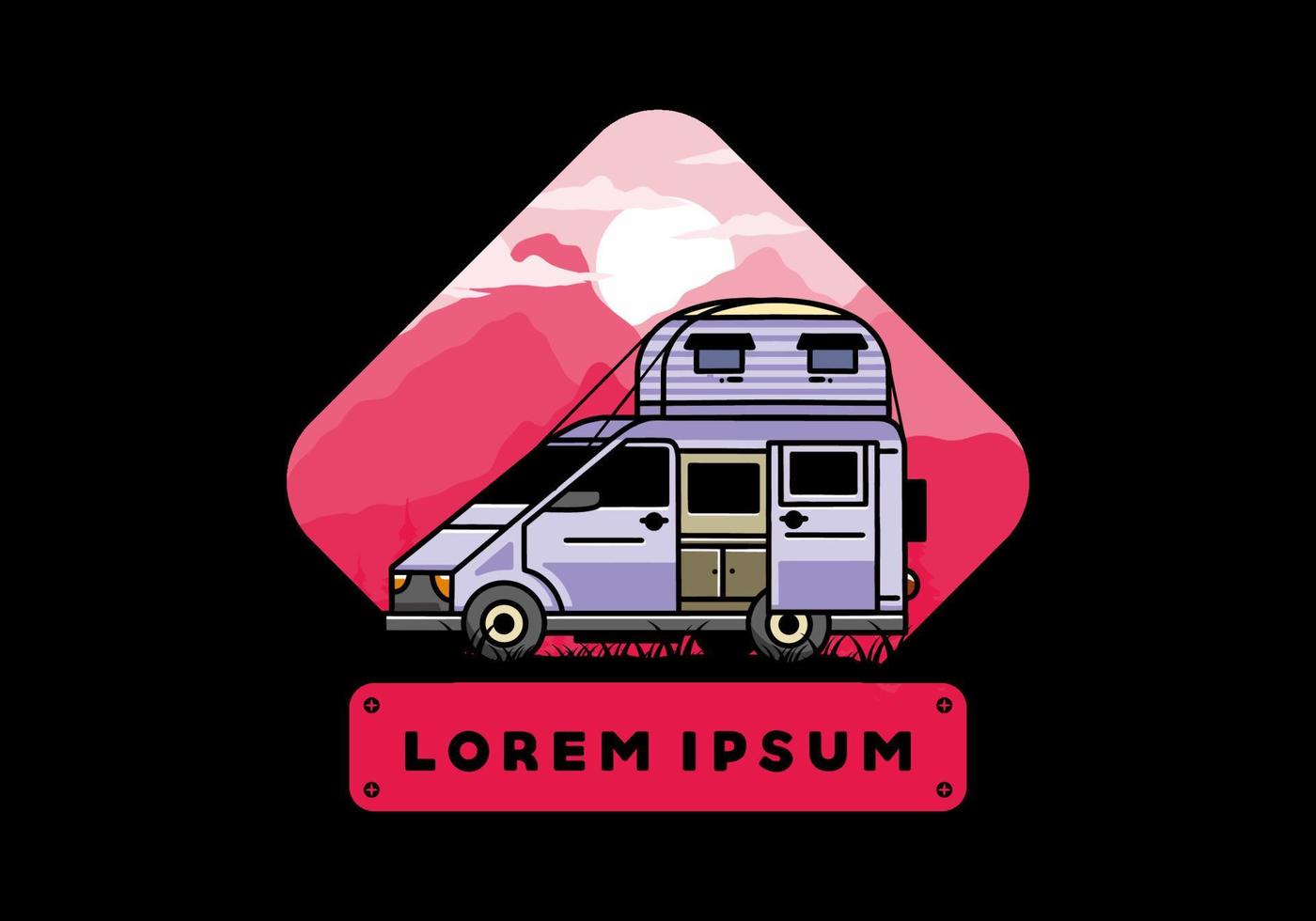 Big van with roof box tent illustration badge vector