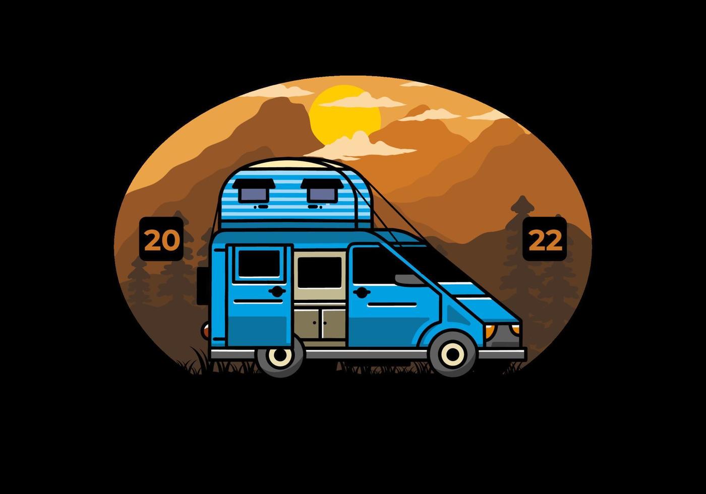 Big van with roof box tent illustration badge vector