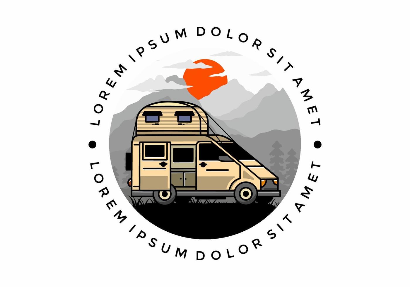 Big van with roof box tent illustration badge vector