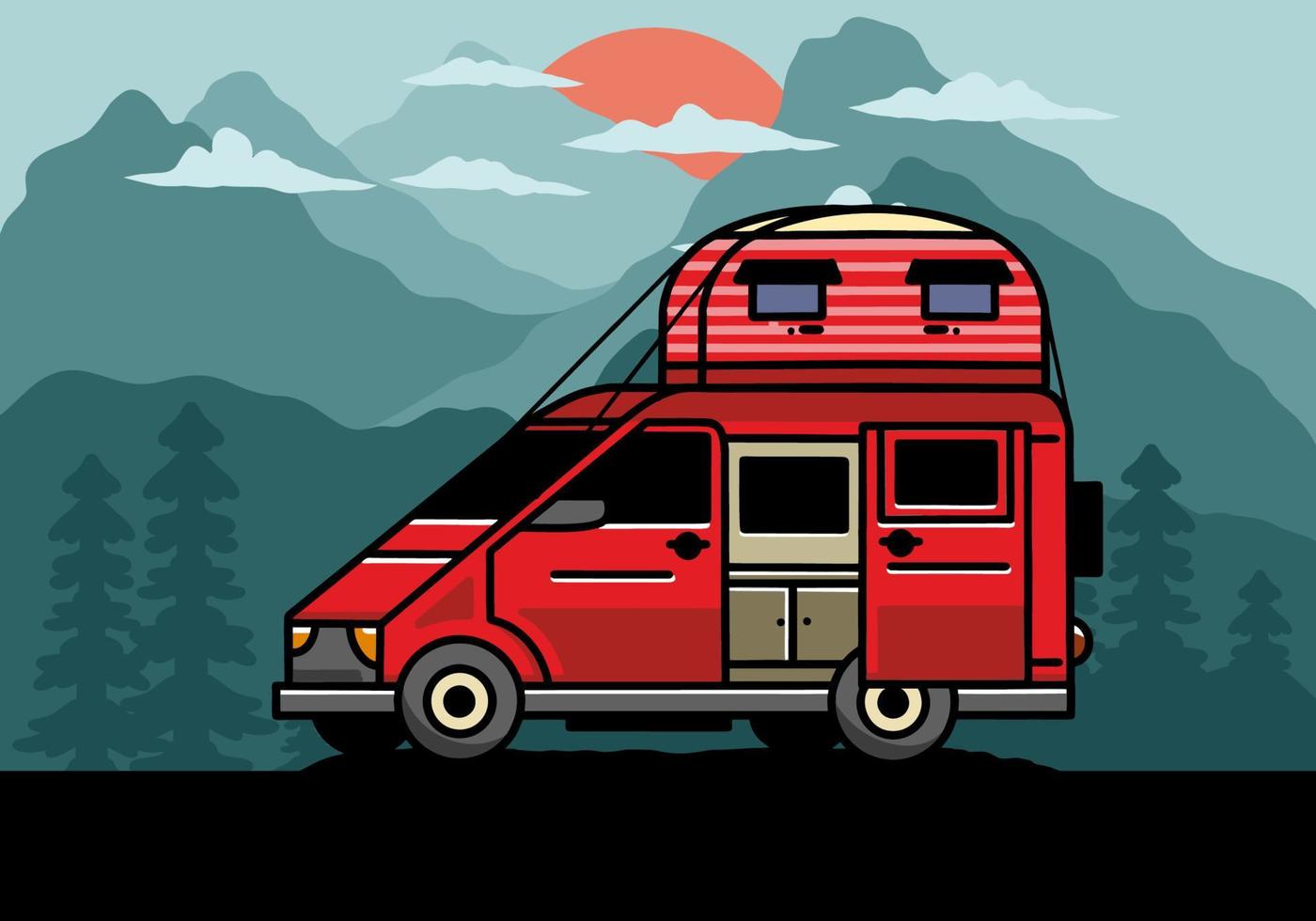 Big van with roof box tent illustration badge vector