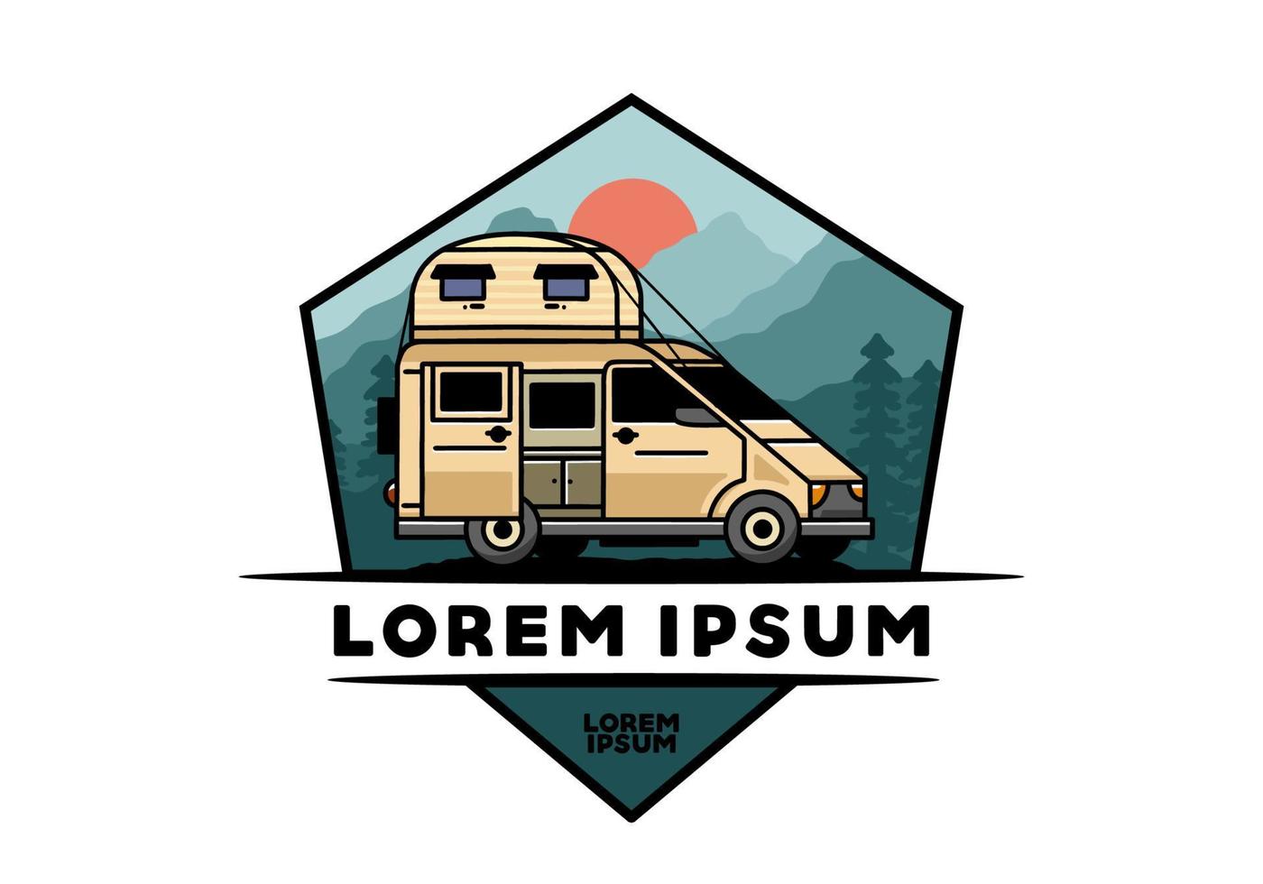 Big van with roof box tent illustration badge vector