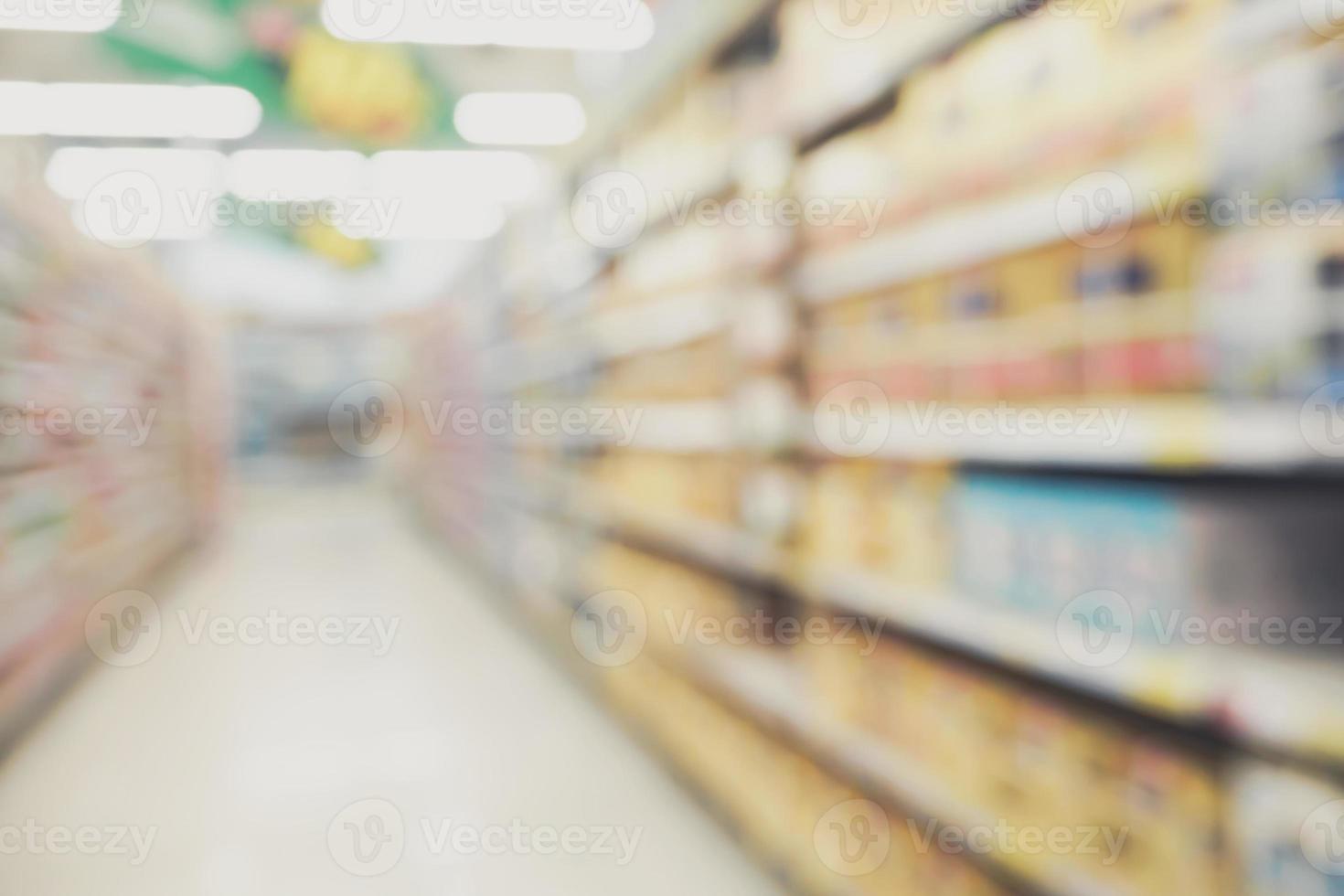 Abstract supermarket aisle shelves blurred background photo