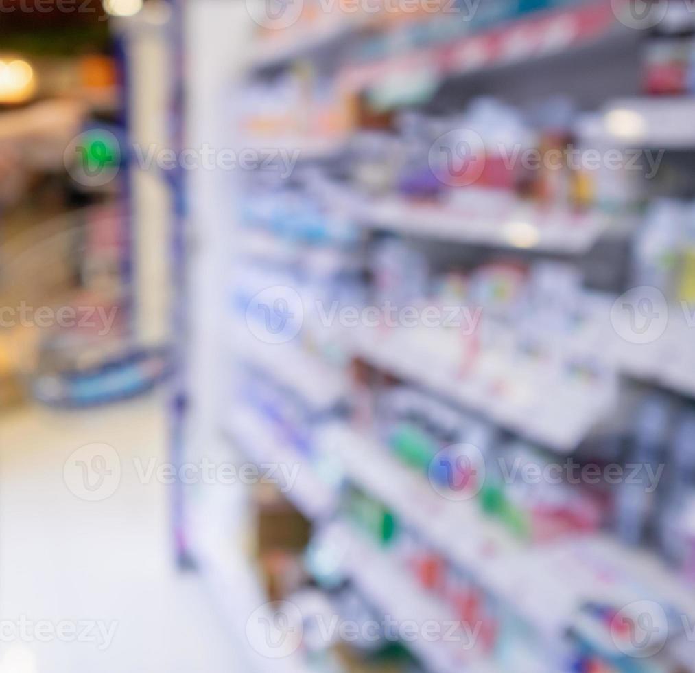Pharmacy drugstore blur abstract background with medicine and vitamin product on shelves photo
