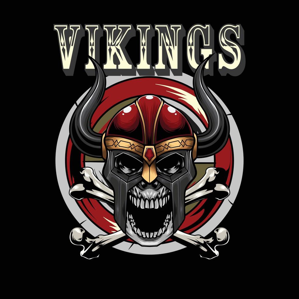 Vector Illustration of Skull Wearing Viking Helmet with Bones in Vintage Style