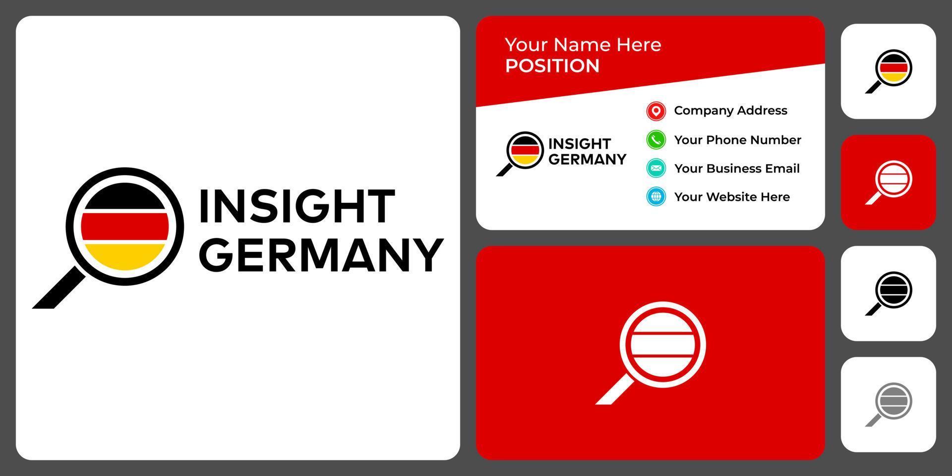 German flag and magnifying glass logo design with business card template. vector