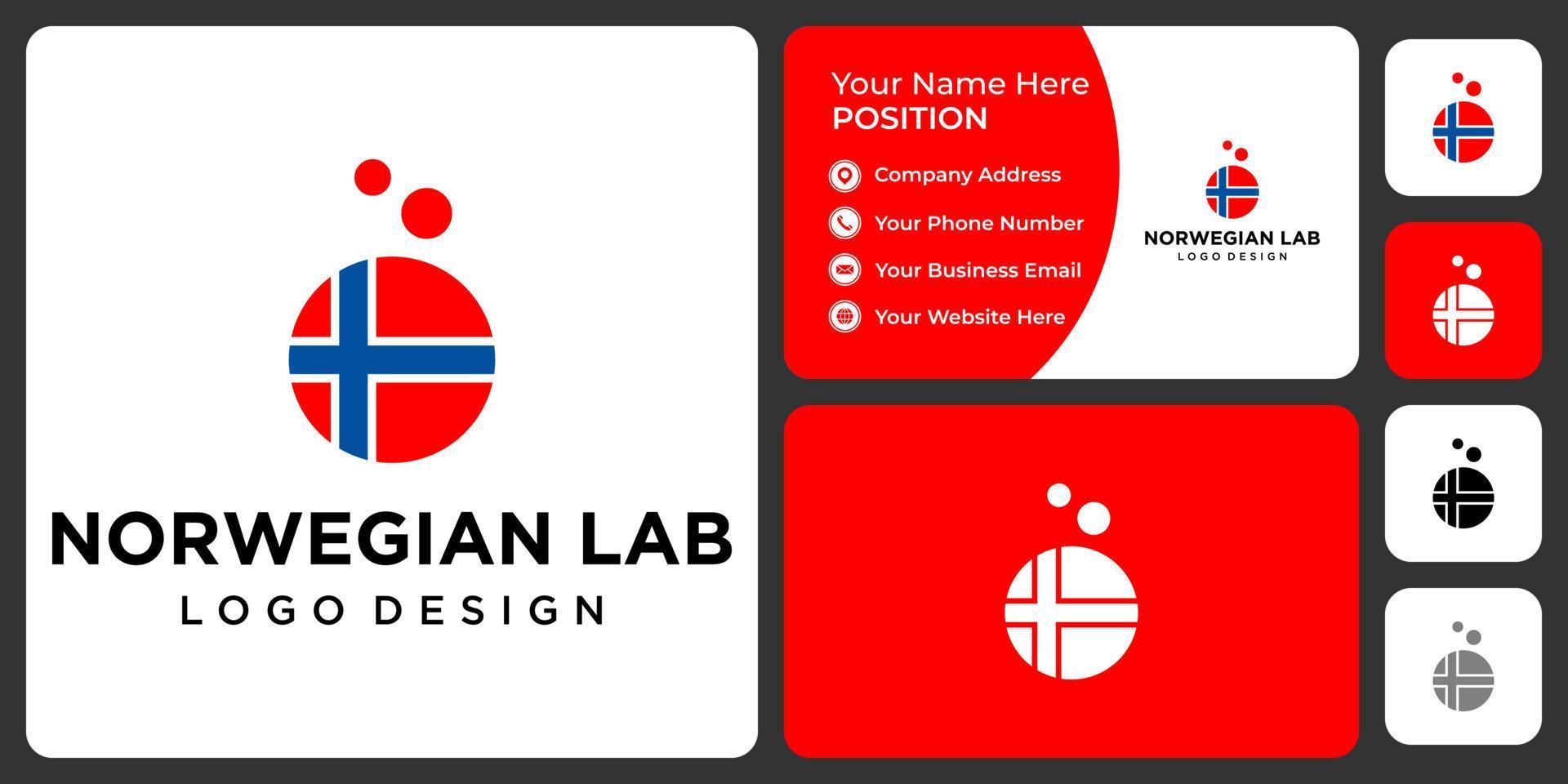 diseño de logotipo de tubo de laboratorio y bandera noruega con plantilla de tarjeta de visita. vector