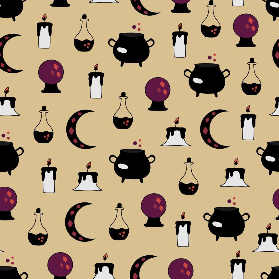 Halloween seamless pattern. Vector witch background candles, potions, moon, magic ball, cauldron. Halloween textile print witchcraft