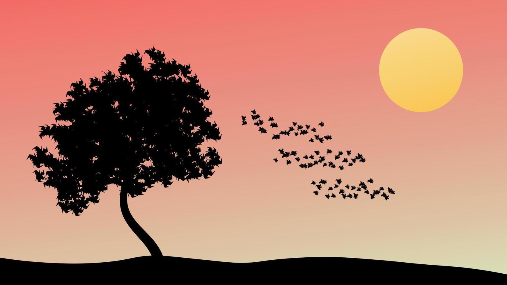 paisaje al atardecer con hojas dispersas vector