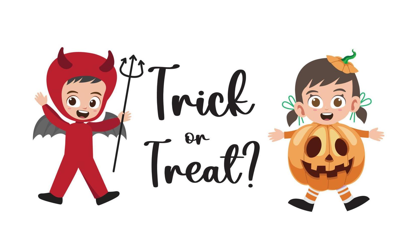 Trick or treat lettering with cute kids in devil and pumpkin costumes vector