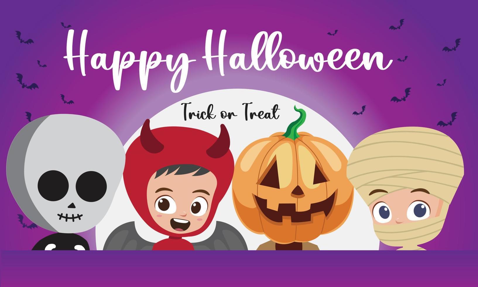 Happy halloween with kids in skeleton, devil, pumkin and mummy costumes vector illustration